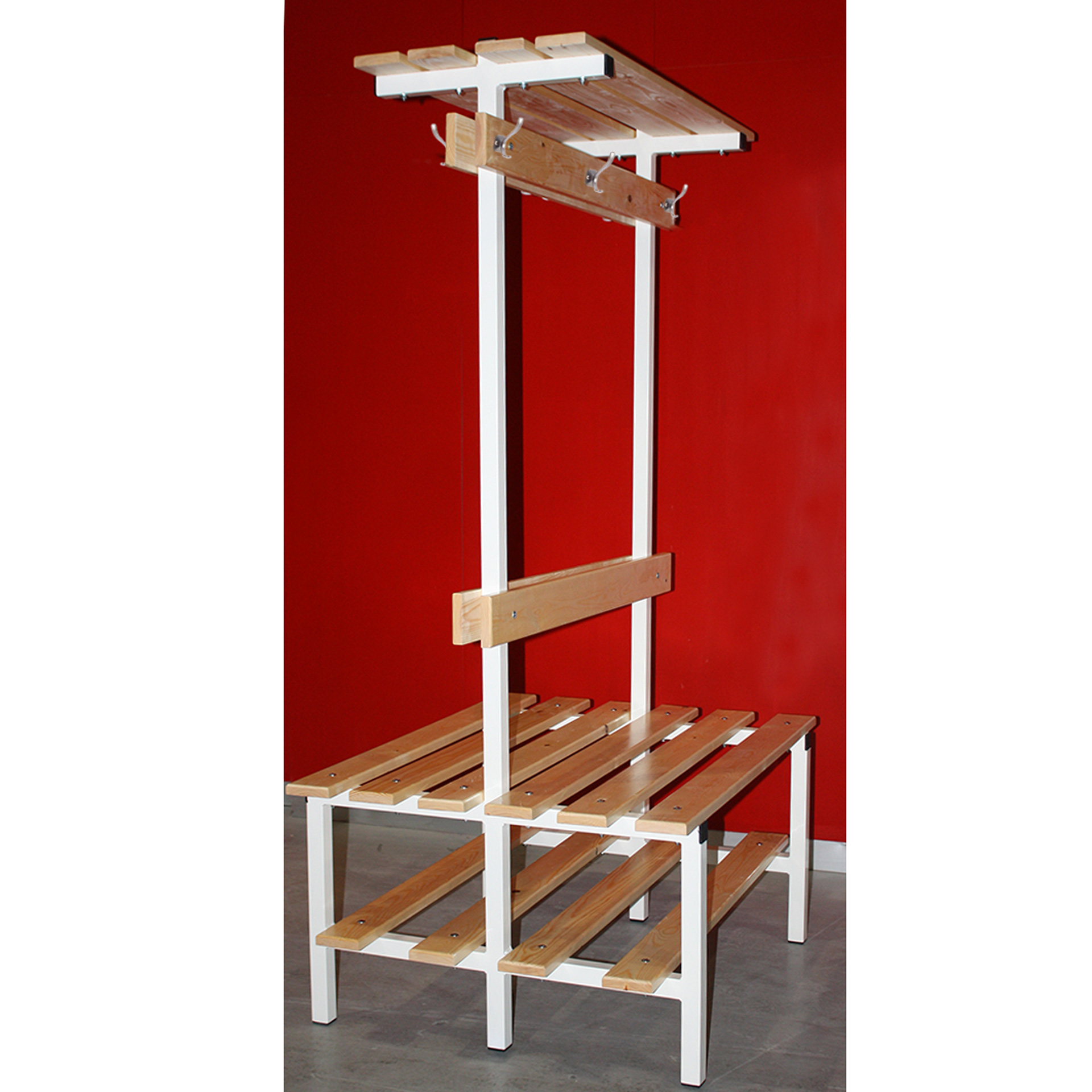 BANCO VESTUARIO DOBLE CON ZAPATILLERO, PERCHA Y ESTANTE SUPERIOR - Imagen 3